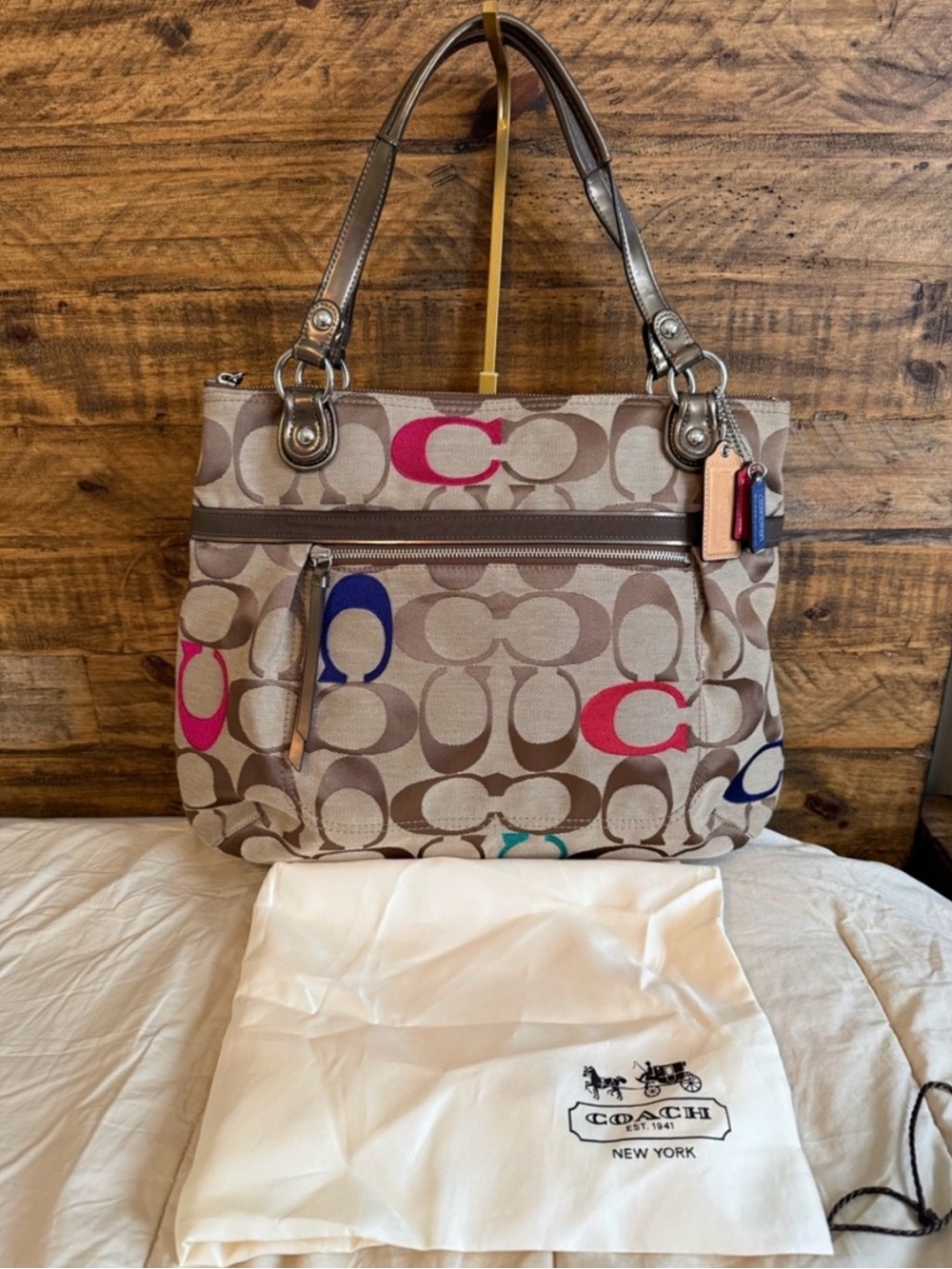 Coach poppy Signature Canvas Tote with Neutral and Multi-Colored C Accents